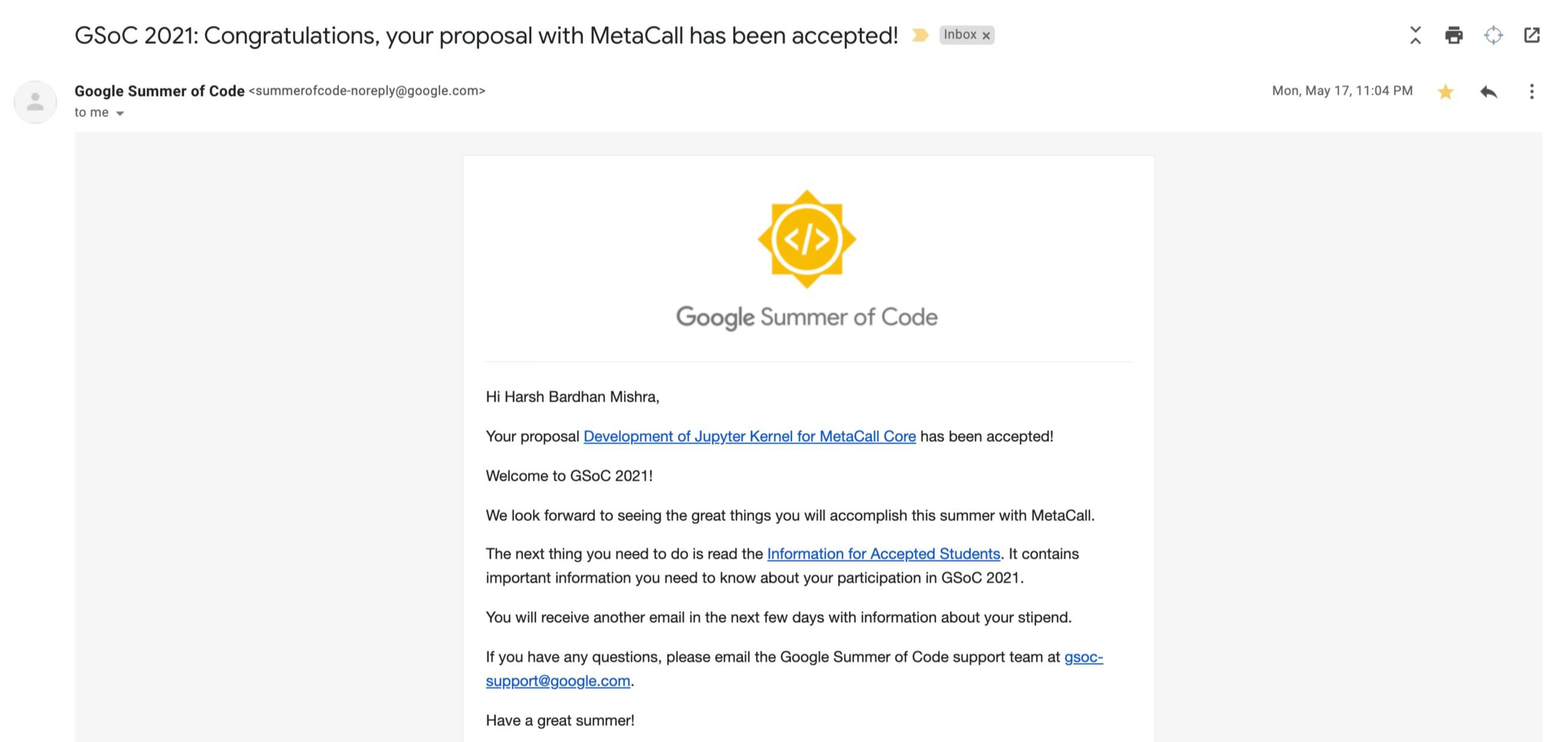 GSoC Acceptance Mail at MetaCall